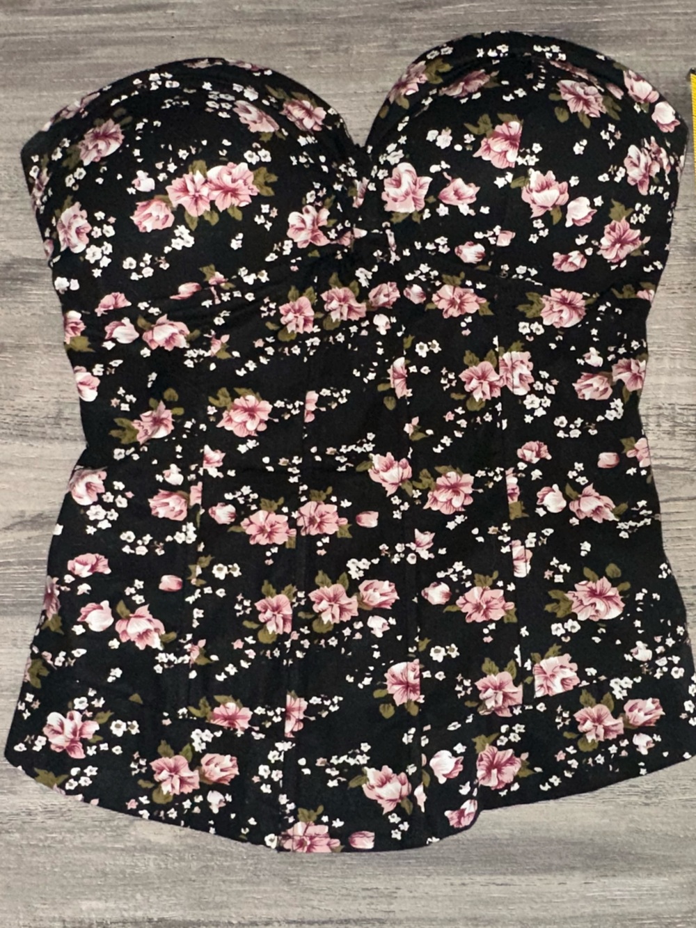 Black Floral Strapless Sweetheart Bustier Top
